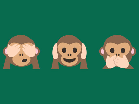Gandhi's three monkey emoji vector set design. Isolated See-No-Evil Monkey, Hear-No-Evil Monkey, Speak-No-Evil Monkey, meme sign design. 