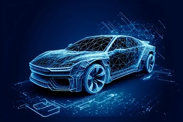 Foto op Canvas Frontside Futuristic AR car wireframe concept, generative ai, Augmented reality wireframe of car concept with blue background © Creative optiplex