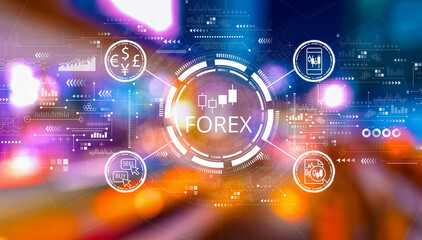 Forex trading concept with urban city lights
