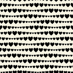 Uneven horizontal stripes of heart silhouette, black and white, vector seamless pattern