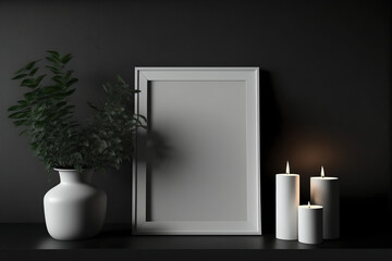 Blank picture frame mockup on black wall, modern scandinavian style interior, trendy vase and plant with candle, minimalism concept
