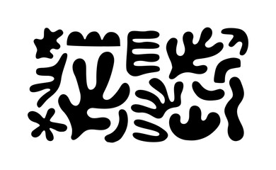 Diverse matisse art style leaf cutout collection. Black and white leaves abstract organic nature shapes bundle, isolated element set.