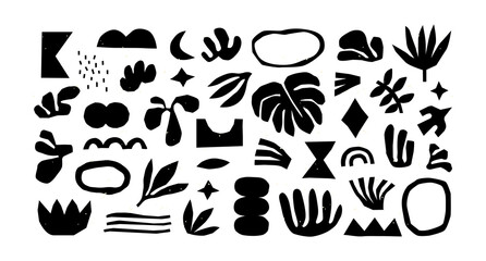 Black and white organic shape doodle collection. Funny basic shapes, random childish doodle cutouts of tropical leaf, hand and decorative abstract art on isolated background.