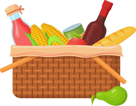 Food basket icon. Cartoon woven humper for picnic