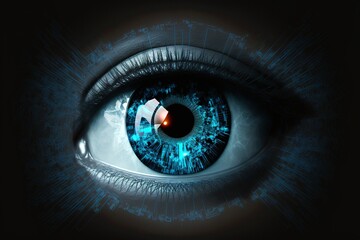 Fototapeta premium Security access technology as eye scan and viewing digital information. Human eye with scanning for personality identification. Cyber security identity verification. Generative AI.