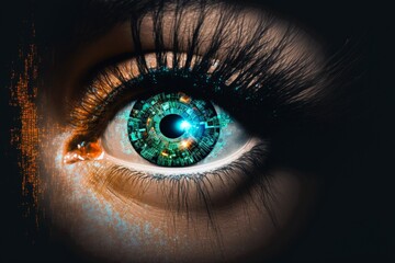 Fototapeta premium Security access technology as eye scan and viewing digital information. Human eye with scanning for personality identification. Cyber security identity verification. Generative AI.