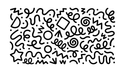Fun black and white abstract line doodle shape set. Creative minimalist style art symbol collection for children or party celebration with modern shapes. Simple childish drawing scribble decoration.