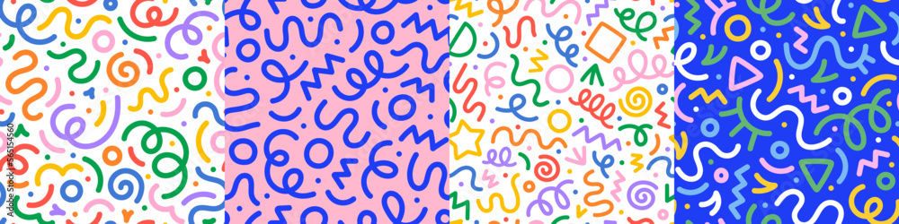 Poster set of fun colorful line doodle seamless pattern. creative abstract art background collection for ch