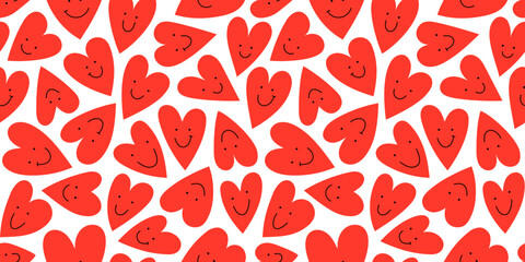 Red love heart seamless pattern illustration with funny smiling face. Doodle hearts background print. Valentine's day holiday backdrop texture, romantic wedding design.	