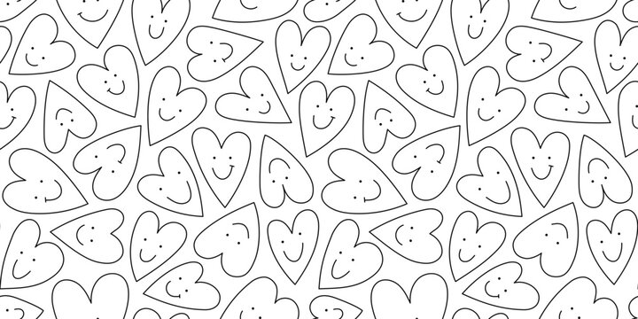 Black and white love heart seamless pattern illustration with funny smiling face. Doodle hearts background print. Valentine's day holiday backdrop texture, romantic wedding design.	