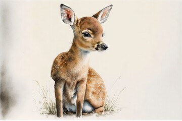 Fototapeta premium a painting of a deer sitting in the grass with a white background and a white background behind it, with a small deer with a large, white ear, brown,. generative ai