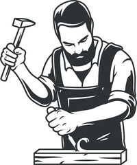 Silhouette of carpenter. Carpentry tools. Woodworker with hammer and jack plane in his hands. Monochrome vector illustration.