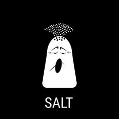 Salt.  Salt shaker with facial features.  Black and white vector illustration in flat style.  Spices for stickers