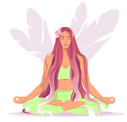 A beautiful girl sits in a lotus position. Girl in a green fitness suit. The power of girls. Feminism. Fitness. Healthy lifestyle concept