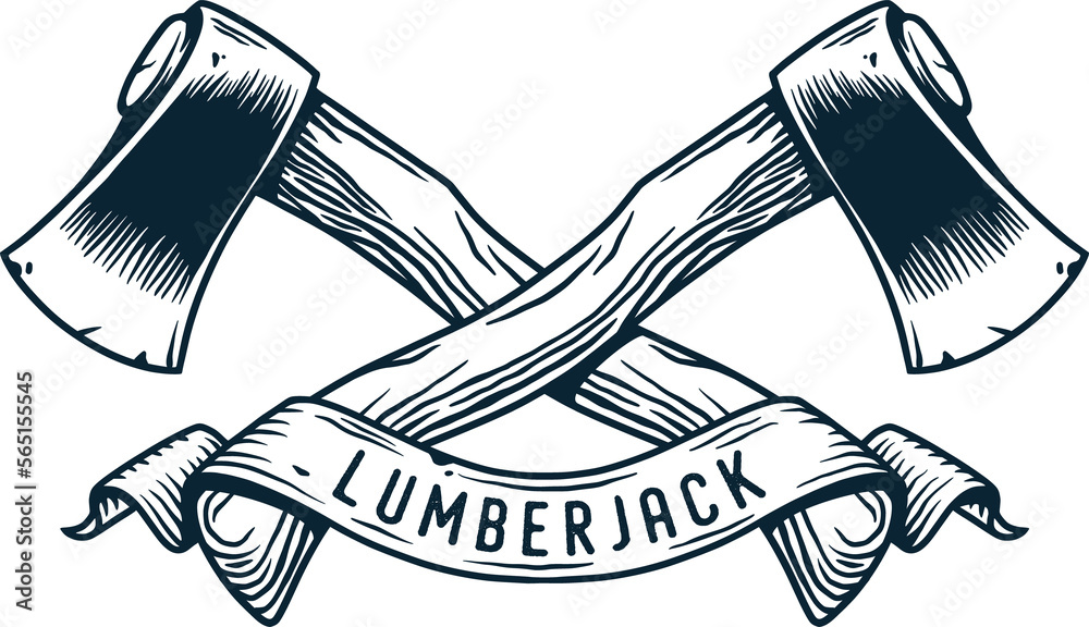 Wall mural logo, emblem with sharp axe of lumberjack and axeman. hatchet or ax for woodworker and logger. chop 