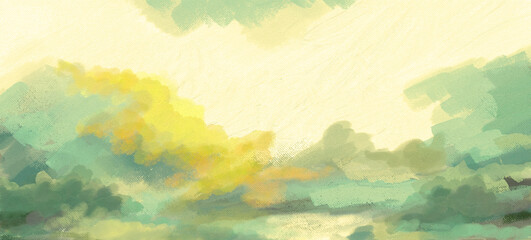 Fototapeta na wymiar Impressionistic & Whimsical Sunset Yellow, Aqua Cloudscape/Landscape - Digital Painting/Illustration/Art/Artwork Background or Backdrop, or Wallpaper