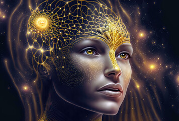 Starseed so beautiful with her activated pineal gland. Concept. Cosmic woman, esoteric, spirituality. Generative AI..