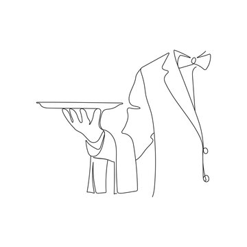 recommend clip art: Waiter holding food tray. One line art. Restaurant worker concept. Vector illustration