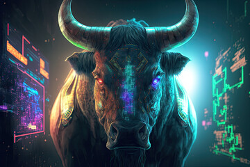 Close-up of the face of a cyber bull in a future city