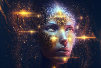 Starseed so beautiful with her activated pineal gland. Concept. Cosmic woman, esoteric, spirituality. Generative AI..