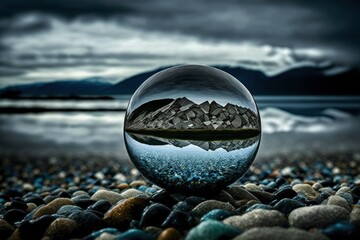 Fototapeta na wymiar Glass crystal sphere on beach