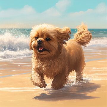 Shitzu walking at the beach