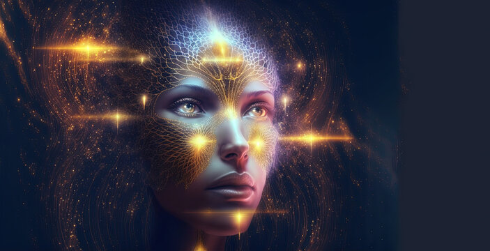 Starseed so beautiful with her activated pineal gland. Copy space. Concept. Cosmic woman, esoteric, spirituality. Generative AI..