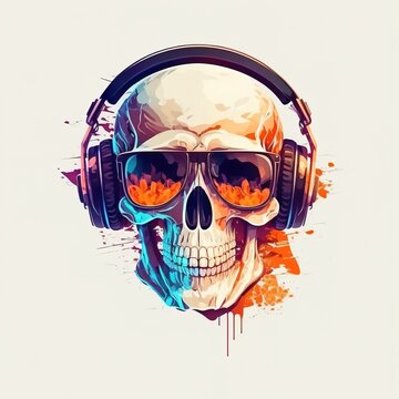 dj with skull headphones color illustration