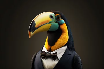 Foto op Aluminium  a toucan bird wearing a tuxedo and bow tie with a black background and a black background with a black background and white border.  generative ai © Anna