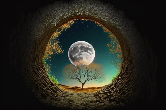 Moonlight night view at a beautiful fantasy unreal landscape. center circular plant with moon and tree can be see in the middle. Generative AI
