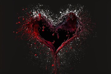  a heart shaped object with blood flowing out of it's sides and blood splatters on the side of it, on a black background.  generative ai