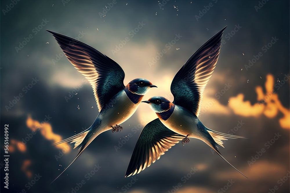 Wall mural two birds flying in the sky with a cloudy background and a sun in the background with clouds and sta