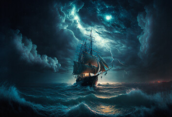 pirate ship in the dark  sea  - obrazy, fototapety, plakaty