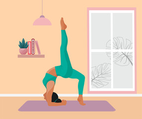 Young woman doing yoga in the apartment. Cozy warm room with a window and plants, books, a window. Flat vector illustration in cartoon style.