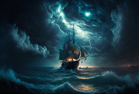 pirate ship in the dark  sea 