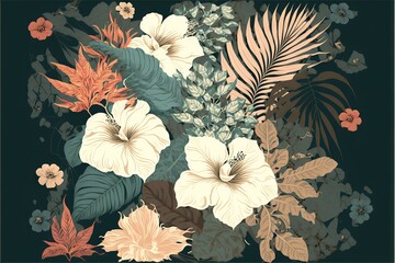  a floral arrangement with leaves and flowers on a black background with a green border around it and a brown border around the edges of the image.  generative ai