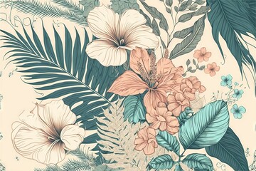  a floral wallpaper with tropical flowers and leaves on a beige background with a blue border and a green border with a white border and pink border.  generative ai