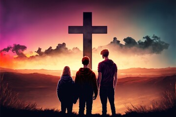 silhouette of a family looking at a cross IA