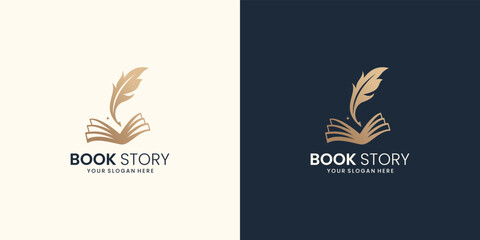 book story feather logo design inspiration.note and quill logo design collection with gradient color