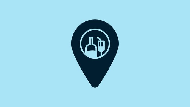 Blue Alcohol or beer bar location icon isolated on blue background. Symbol of drinking, pub, club, bar. 4K Video motion graphic animation