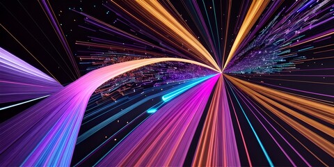 Abstract fiber optic lines with particles colliding, blue pink and orange CGI concept render, AI generated.
