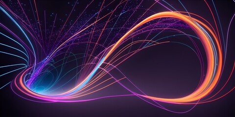 Abstract fiber optic lines with particles colliding, blue pink and orange CGI concept render, AI generated.
