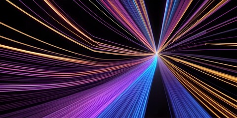 Abstract fiber optic lines with particles colliding, blue pink and orange CGI concept render, AI generated.