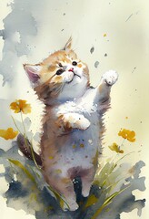 Watercolor illustration of a playful happy baby kitten Generative AI art