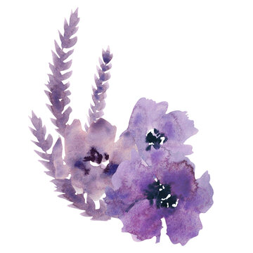 Watercolor purple flowers clipart. Floral clip art. Handmade illustration for greeting cards, wallpaper, stationery, fabric, wedding card. Flower frame.