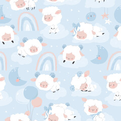 Seamless Pattern with Cute Lambs sleeping on Clouds