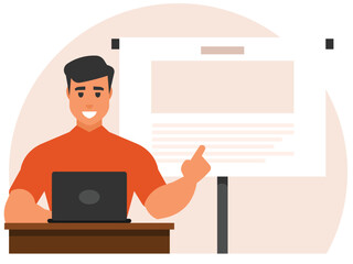 The teacher sits at a laptop and shows a presentation. Vector graphics