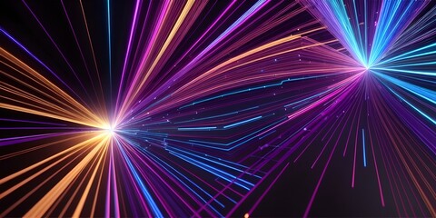 Abstract fiber optic lines with particles colliding, blue pink and orange CGI concept render, AI generated.