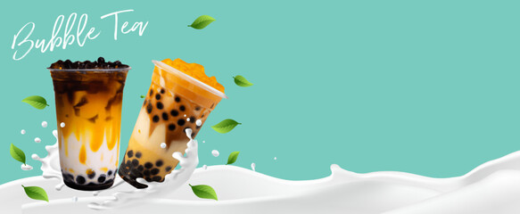 Bubble milk tea, Pearl milk tea , Different sorts of Boba. Yummy drinks. Ads with delicious tapioca. Restaurant cafe menu, template design.