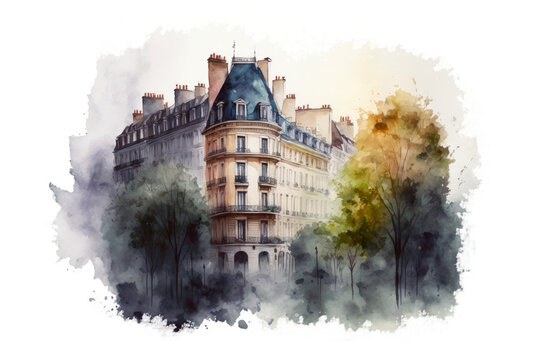 watercolor architecture sketch, paris street, generative ai